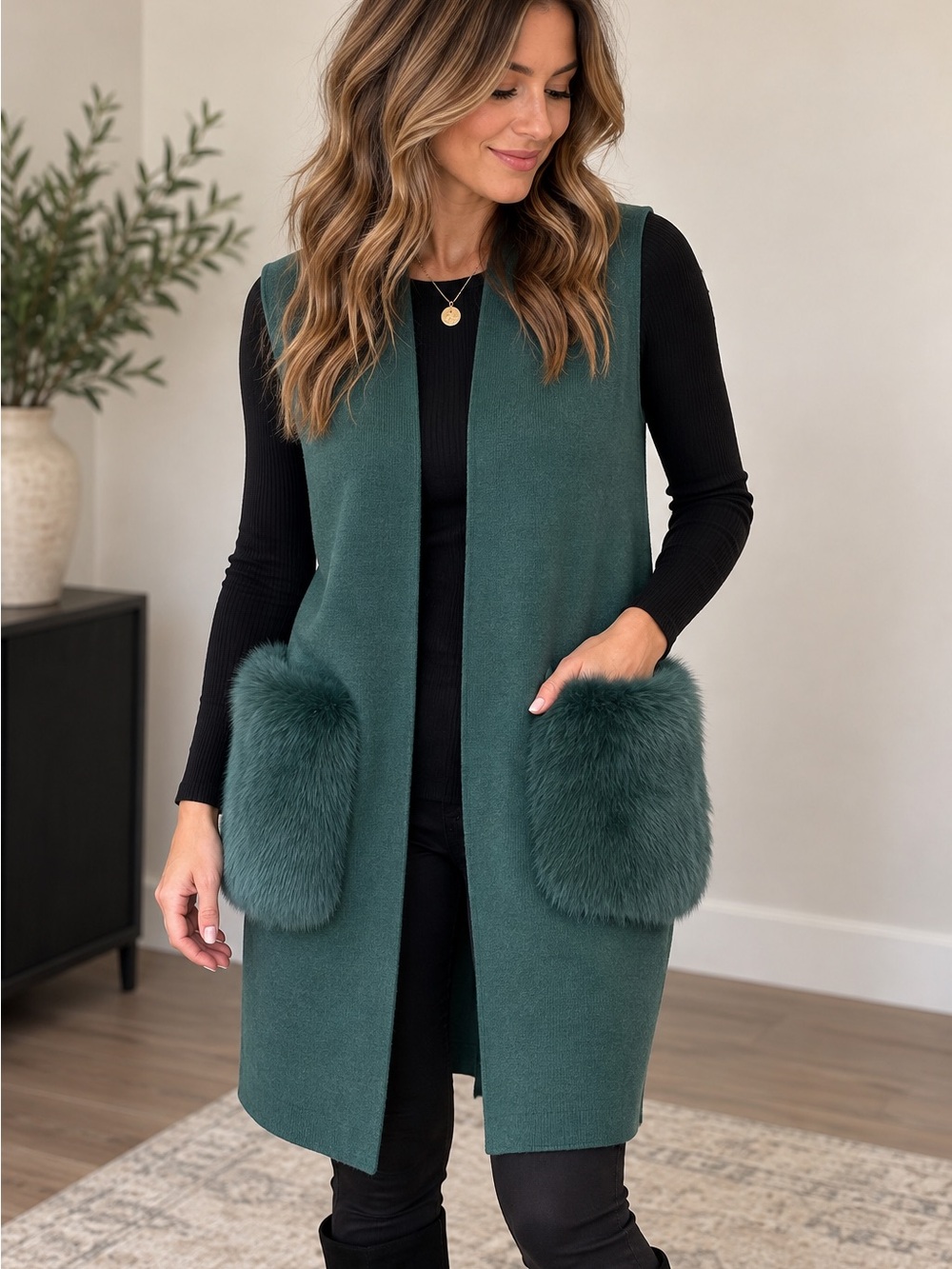 Saks Fifth Avenue Jade Green Faux Fur Soft Knit Longline Vest XS NWT
